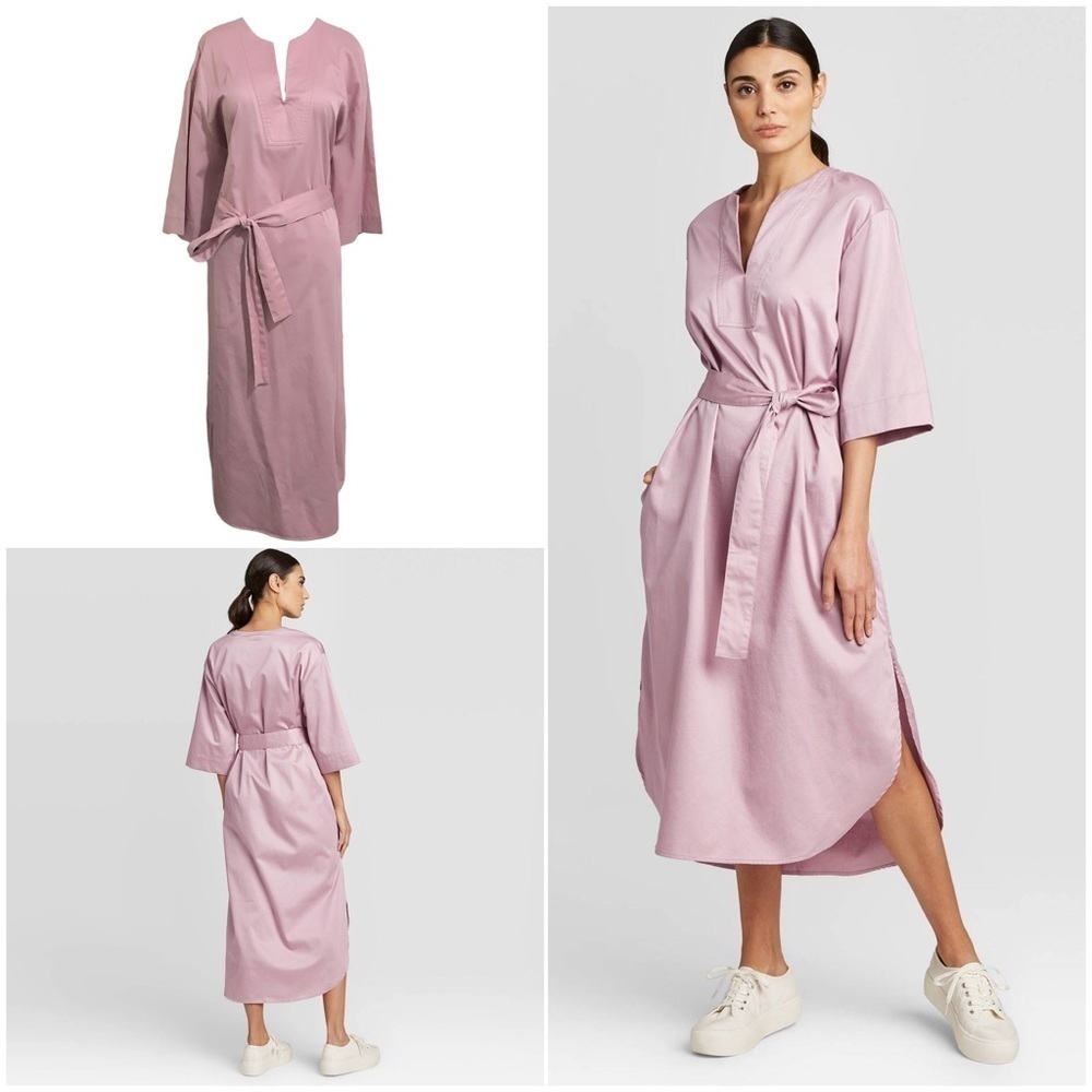 Prologue Belted Dusty Mauve 3/4 Sleeve VNeck Midi Poplin Dress Large 100% Cotton